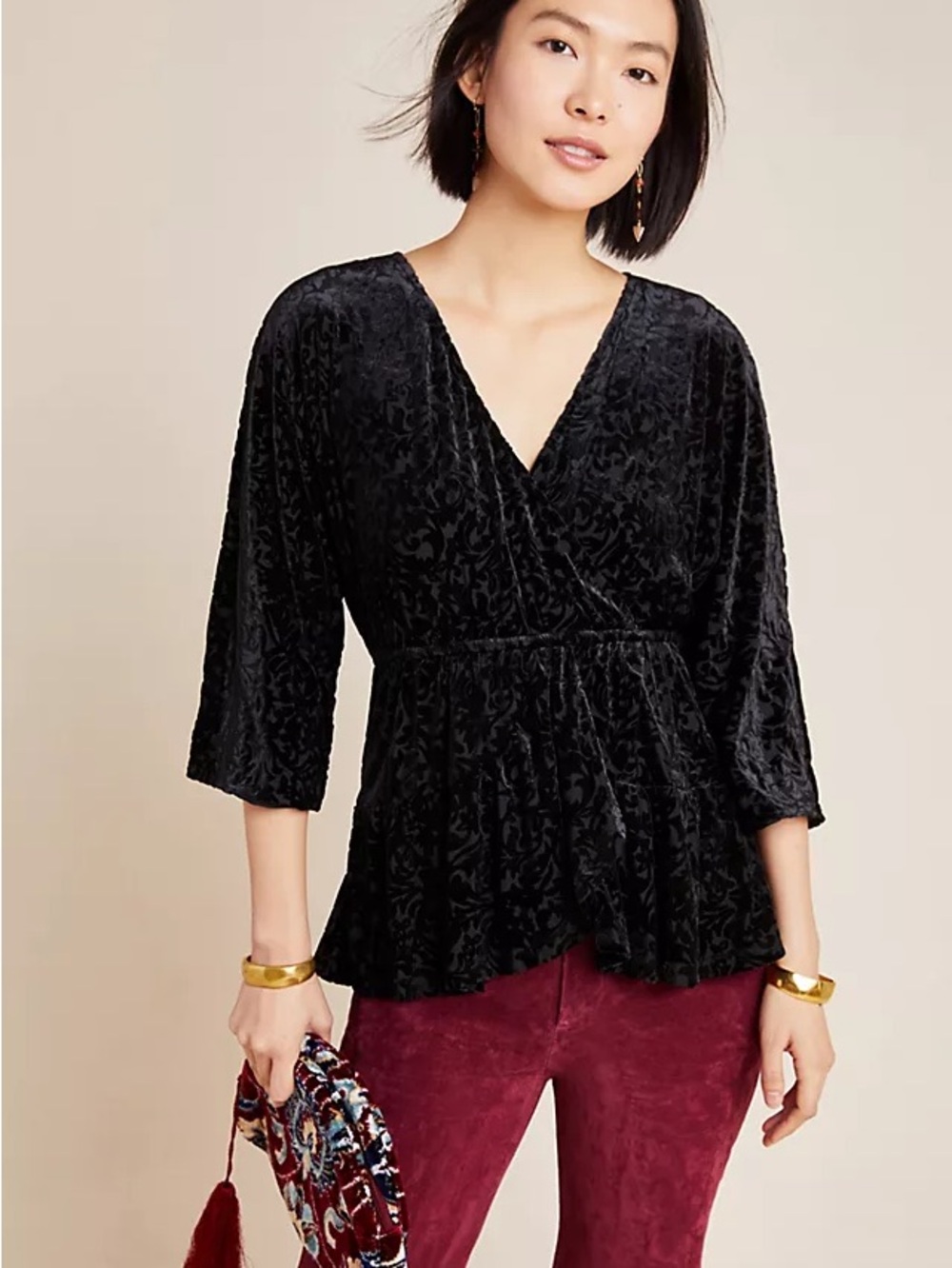 Anthropologie Black Velvet Burnout Peplum Wrap Blouse